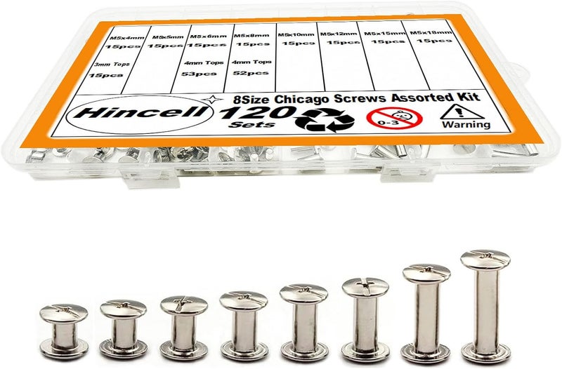 Hincell 120sets Chicago Screws Kit, 8 Sizes Screw Rivets Silver Chicago Binding Screws for DIY Repair Leather Craft Belt Bag Shoes Purse Bookbinding (M5*4,5,6,8,10,12,15,18) (Silver) - Image 1